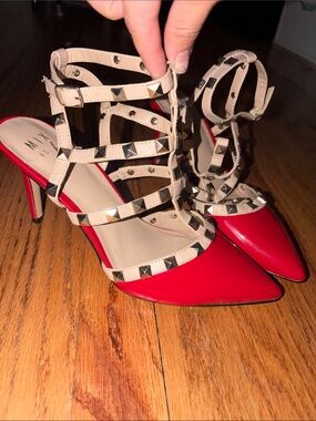 Mix No. 6 Red Pointed Studded Strappy Heels with Cream Straps